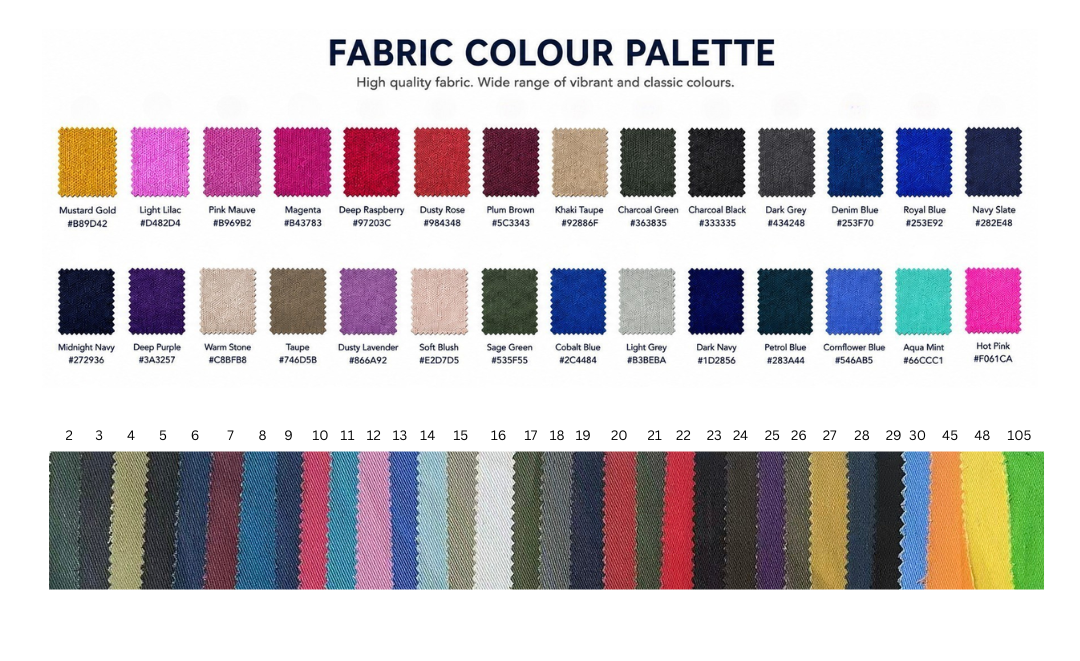 Fabric color palette with swatches and text on a white background